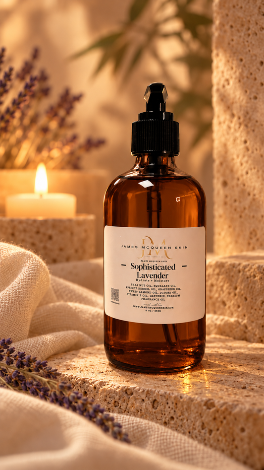 powder lavender scented  body Oil in an amber pump bottle