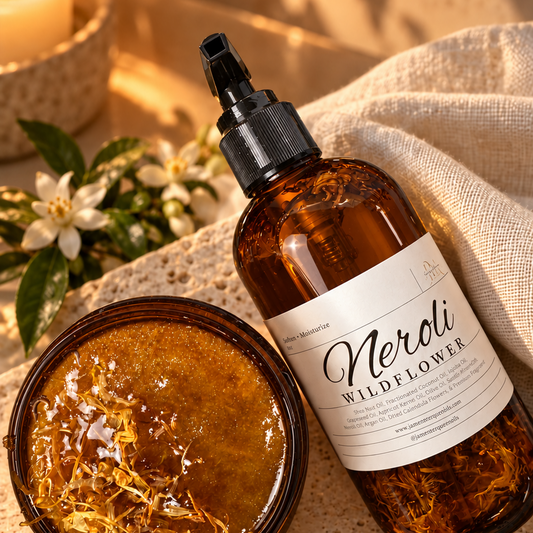 An amber glass spray bottle labeled Neroli Wildflower and a round amber jar of sugar scrub, styled on a stone slab with linen fabric, white flowers, and warm candlelight.