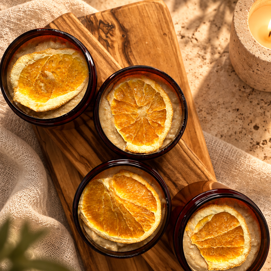 James McQueen Skin amber jar with body polish sugar scrub with dried orange on top