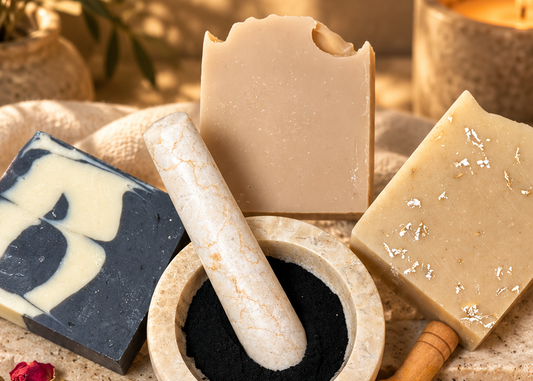 A styled flat-lay of handmade soap bars, a marble mortar and pestle with black powder, dried rosebuds, oats, lavender, turmeric, and other natural ingredients arranged on a linen surface with warm sunlight and shadows.